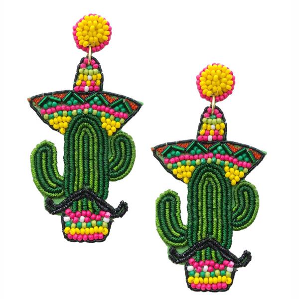 SEED BEAD MEXICAN HAT CACTUS DANGLE EARRING