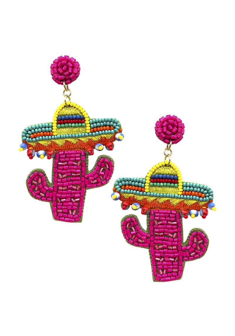 SEED BEAD CINCO DE MAYO MEXICO HAT CACTUS DANGLE EARRING