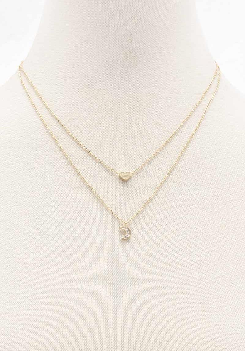 2 LAYERED METAL CHAIN MOON AND HEART PENDANT NECKLACE