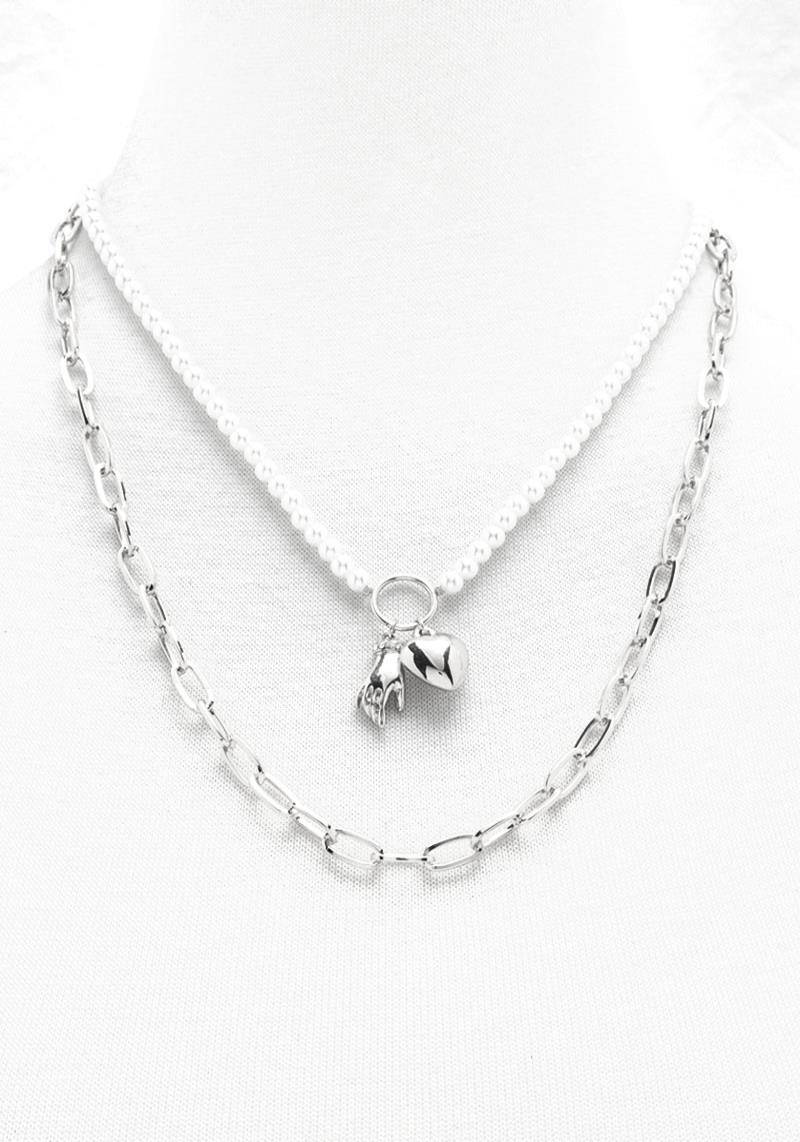 2 LAYERED METAL PEARL CHAIN PENDANT NECKLACE