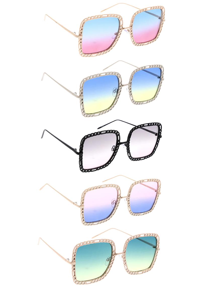 LARGE ROUNDED SQUARE CHAIN LINK FRAME COLOR LENS SUNGLASSES 1DZ