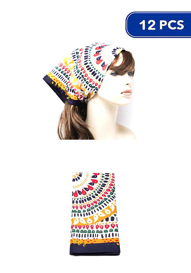 MULTI COLORED CIRCULAR TEAR PATTERN PRINT HAIR SCARF BANDANA (12 UNITS)