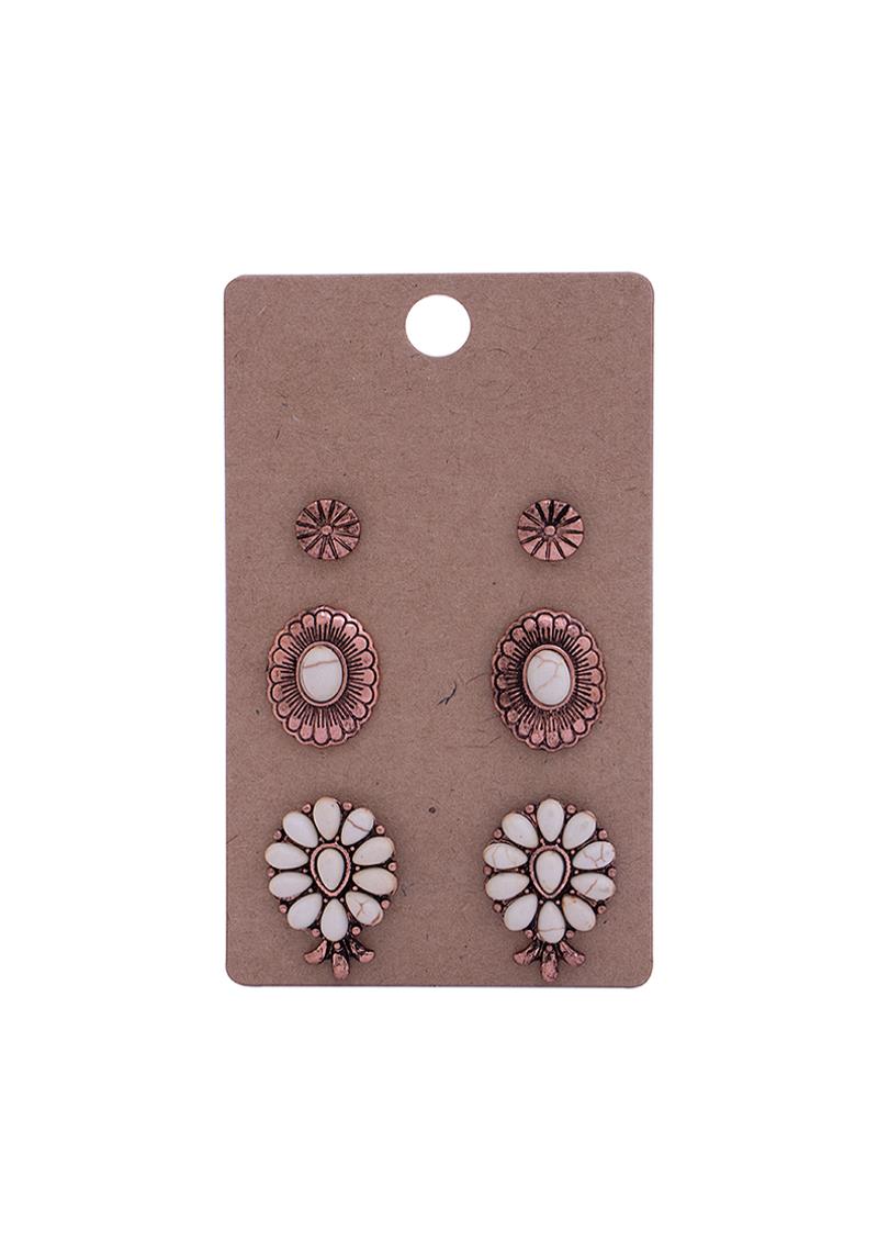STYLISH FLORAL PETAL DESIGN STONE METAL 3 PC EARRING SET