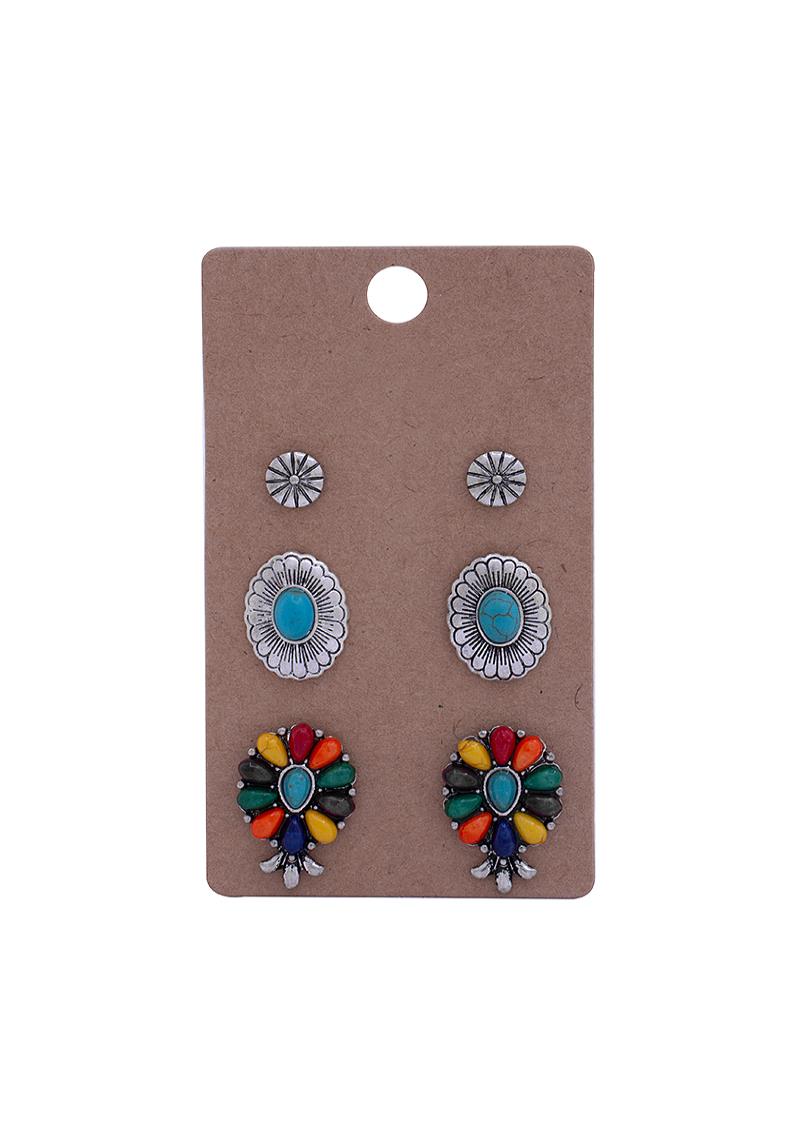 STYLISH FLORAL PETAL DESIGN STONE METAL 3 PC EARRING SET