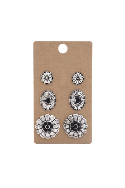 CHIC METAL FLOWER OVAL ROUND STONE 3 PC EARRING SET