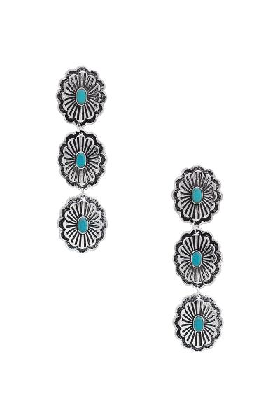 WESTERN FLORAL STONE TRIPLE DROP DANGLE EARRING