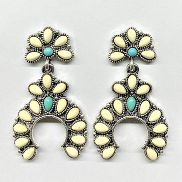 RODEO WESTERN STYLISH FLORAL TEAR SHAPE STONE OPEN CIRCLE EARRING