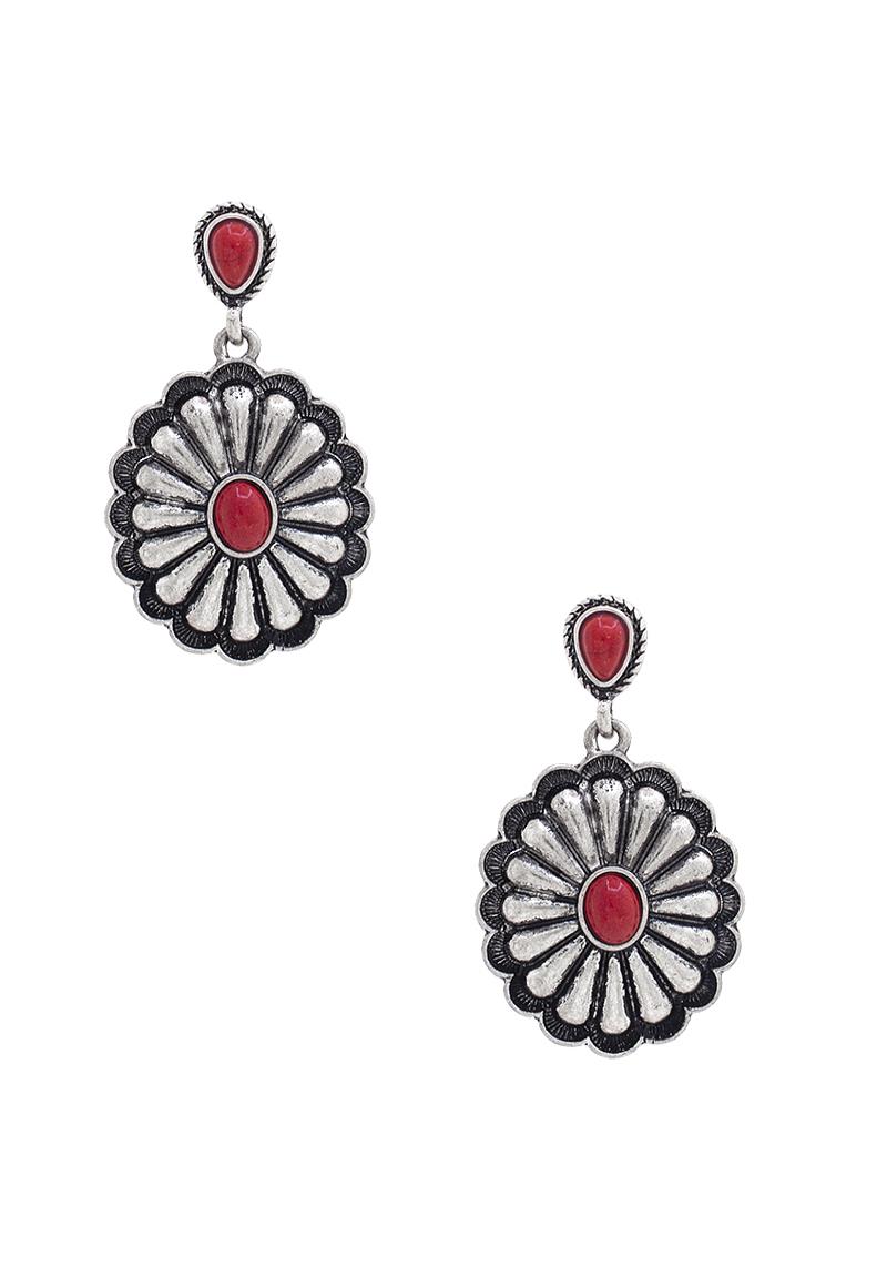 TRENDY METAL OVAL FLORAL STONE EARRING