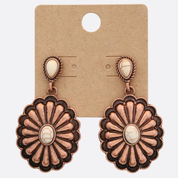 TRENDY METAL OVAL FLORAL STONE EARRING