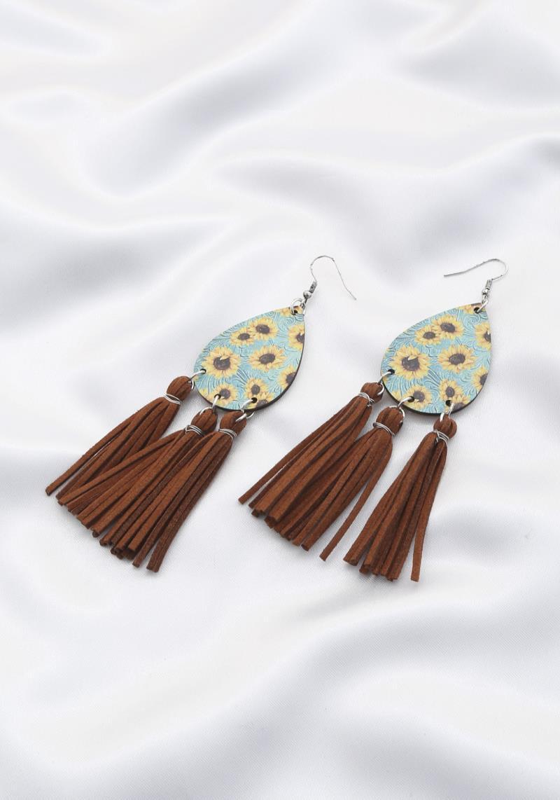 SUNFLOWER TEARDROP TASSEL DANGLE EARRING