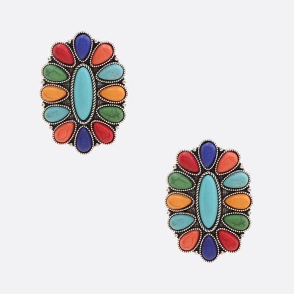 WESTERN STYLE FLOWER PATTERN MARBLING STONE STUD EARRING