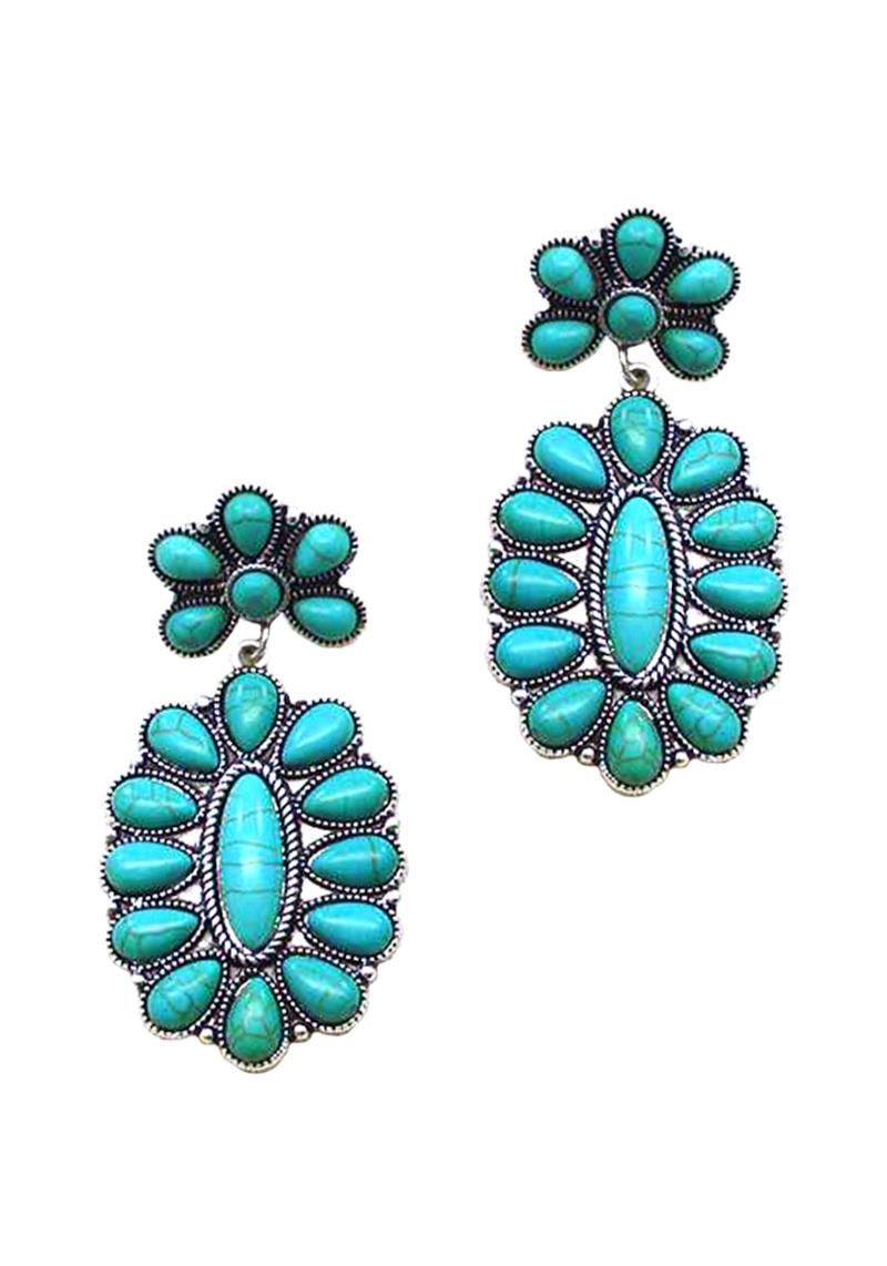 WESTERN STYLE TQ STONE FLOWER DANGLE EARRING
