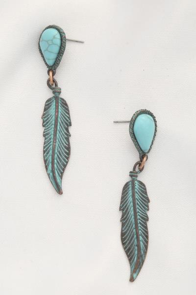 METAL TQ STONE LEAF DANGLE EARRING