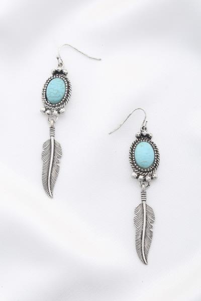 RODEO WESTERN OVAL BEAD FEATHER DANGLE EARRING