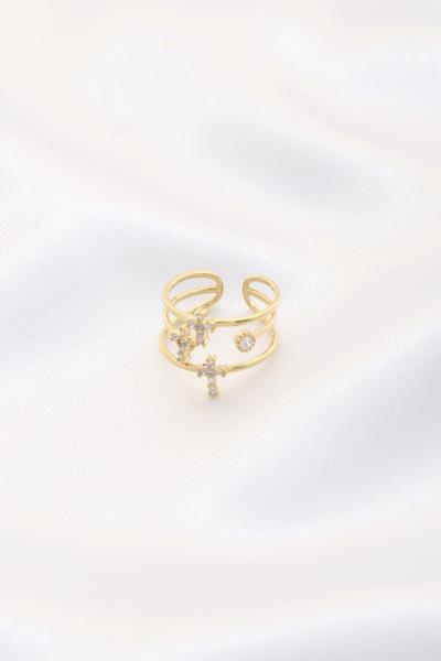 TRIPLE CROSS CRYSTAL 14K GOLD DIPPED ADJUSTABLE SIZE  RING