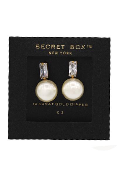 SECRET BOX 14 KARAT GOLD DIPPED CZ PEARL EARRING