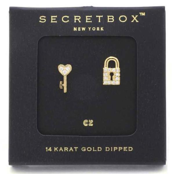 SECRET BOX HEART KEY LOCK CHARM STUD EARRING