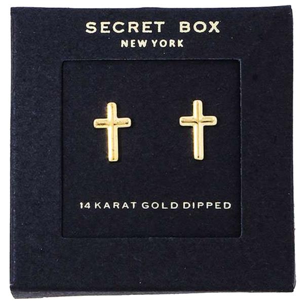 SECRET BOX 14K GOLD DIPPED TINY CUTE CROSS EARRING