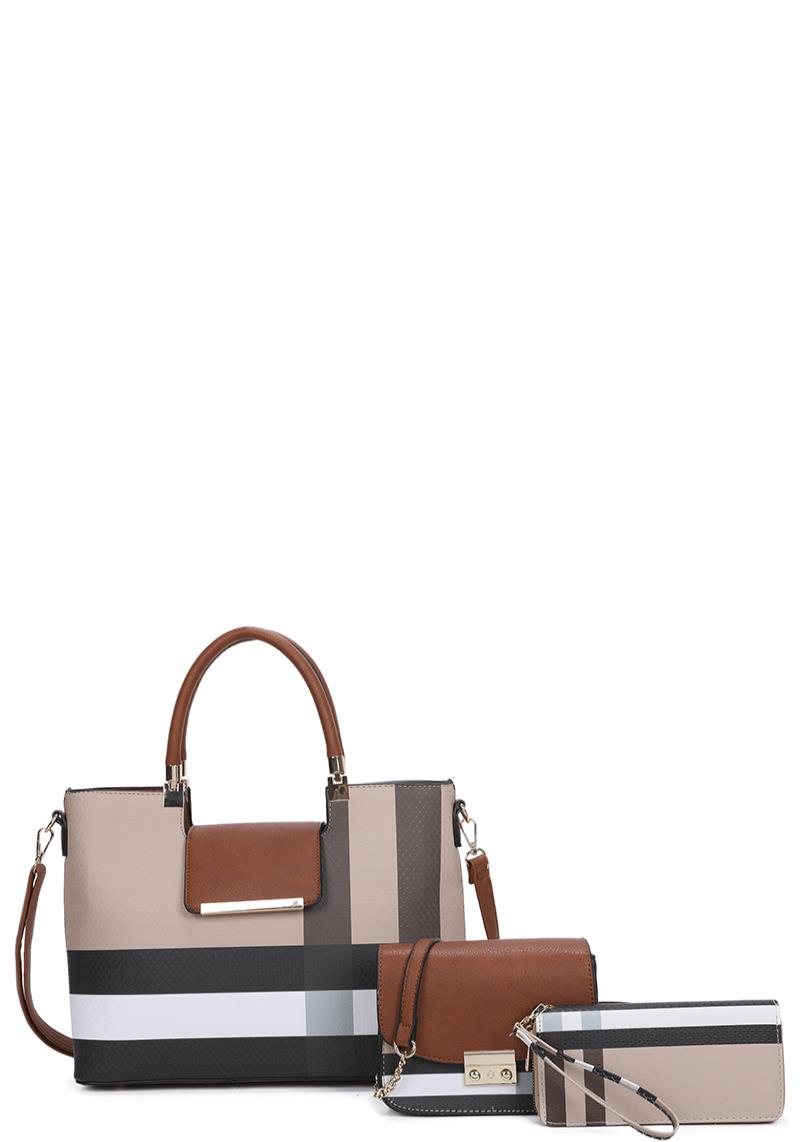 3IN1 STYLISH PLAID DESIGN TOTE BAG WITH CROSSBODY AND WALLET SET
