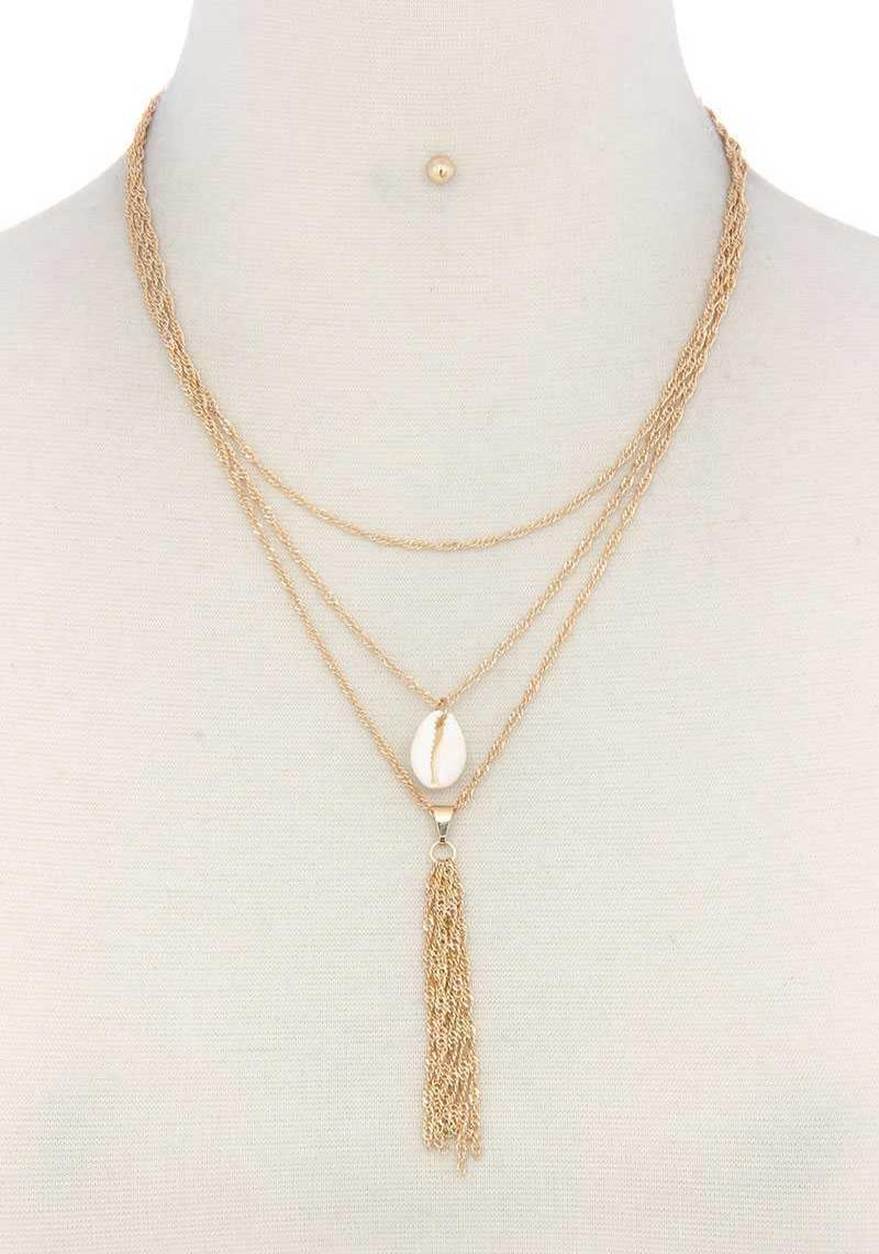 COWRIE SEASHELL CHAIN TASSEL LAYERED NECKLACE
