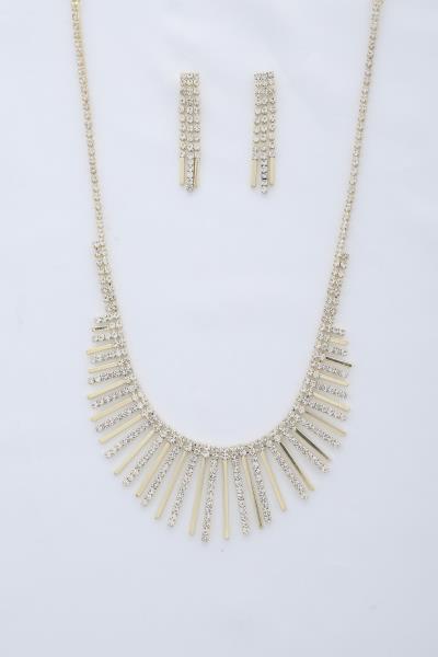 MULTI METAL CRYSTAL RHINESTONE BAR NECKLACE EARRING SET