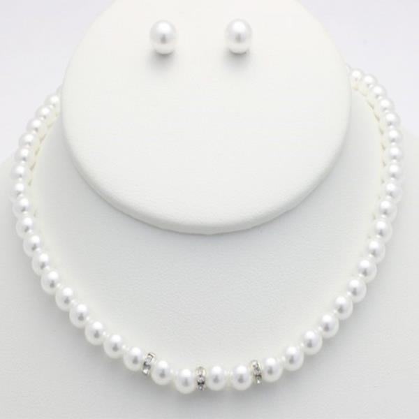 STYLISH BEAD TRIPLE METAL RHINESTONE NECKLACE AND EARRING SET