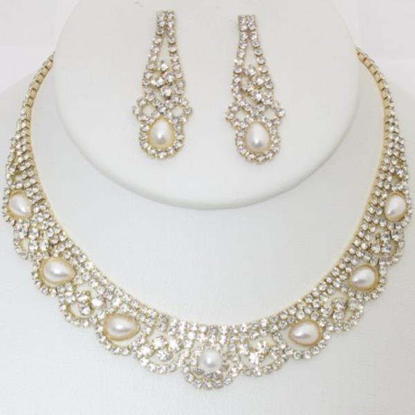 RHINESTONE PEARL NECKLACE EARRING SET