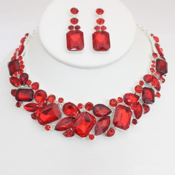 RHINESTONE MULTI SHAPE GEM STATEMENT NECKLACE EARRING SET