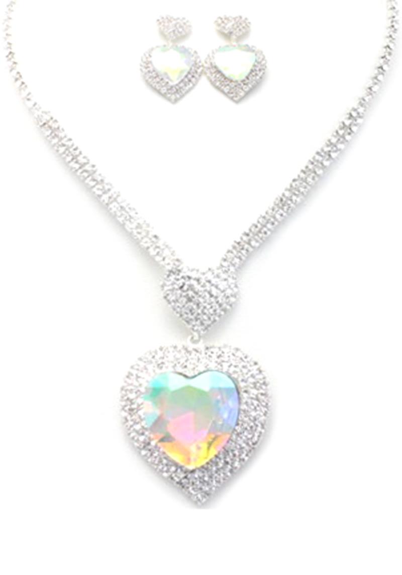 FASHION RHINESTONE CRYSTAL HEART GEM NECKLACE AND EARRING SET