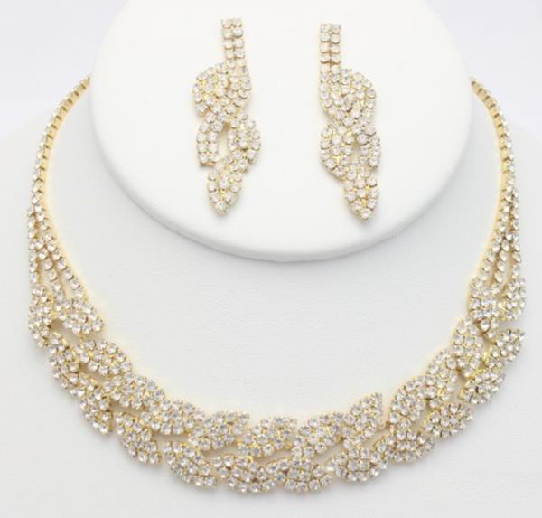 RHINESTONE LEAF LINK NECKLACE EARRINGS SET