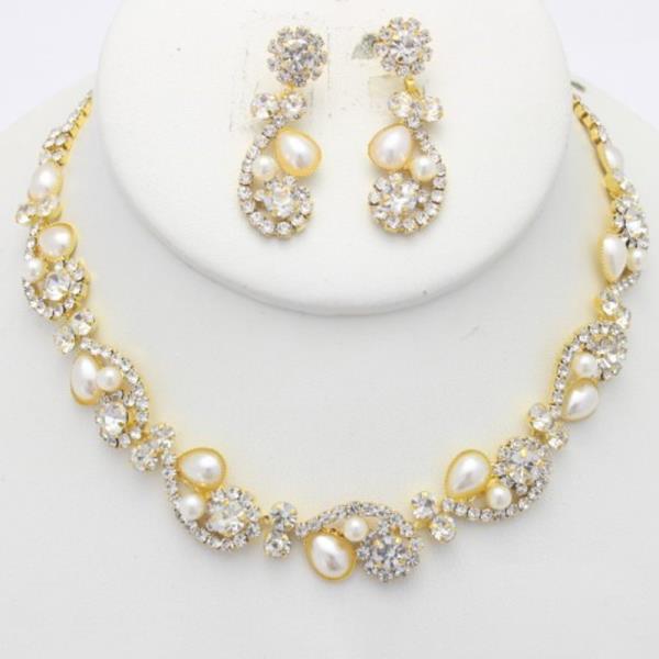 BRIDAL CRYSTAL RHINESTONE & PEARL NECKLACE EARRING SET