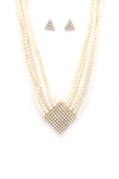 RHOMBUS RHINESTONE PEARL LAYERED NECKLACE