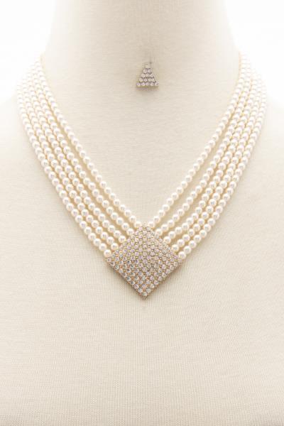 RHOMBUS RHINESTONE PEARL LAYERED NECKLACE
