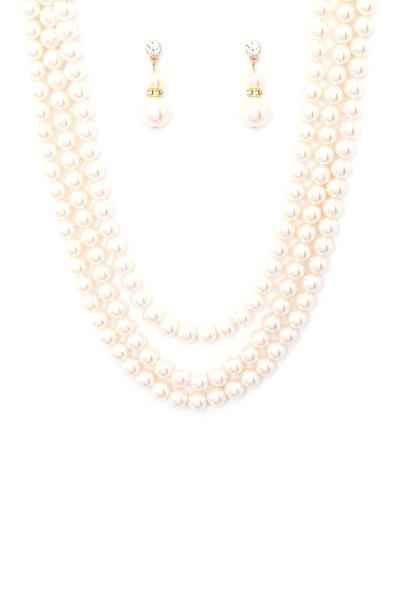 3 LAYERED PEARL NECKLACE EARRING SET