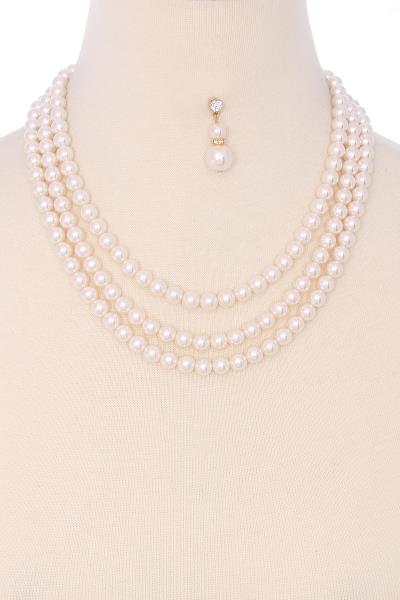 3 LAYERED PEARL NECKLACE EARRING SET