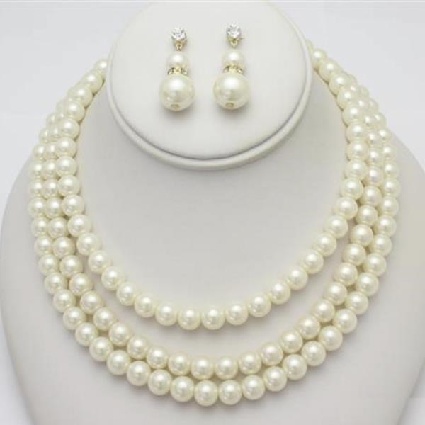 3 LAYERED PEARL NECKLACE EARRING SET