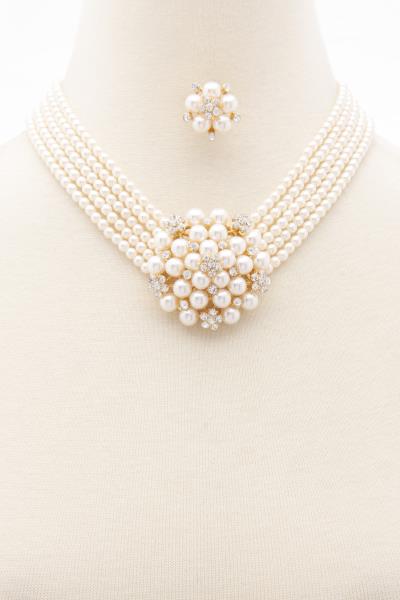 PEARL RHINESTONE CLUSTER BEADED NECKLACE