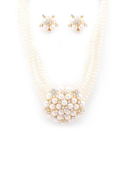 PEARL RHINESTONE CLUSTER BEADED NECKLACE