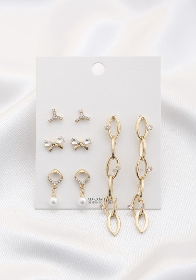 BOW PEARL RHINESTONE METAL EARRING SET