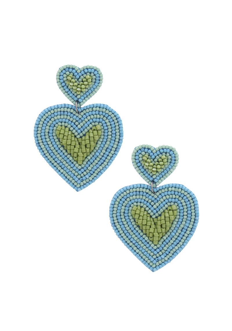 DOUBLE HEART SEED BEAD POST DROP EARRING