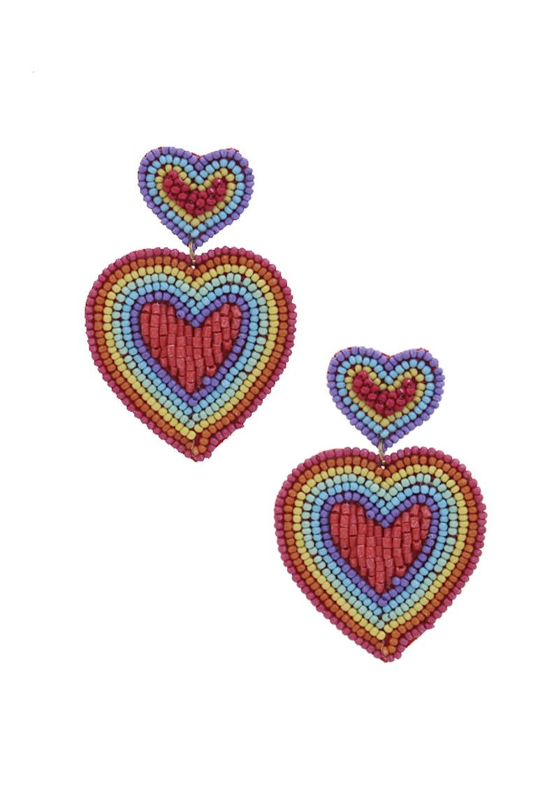 DOUBLE HEART SEED BEAD POST DROP EARRING