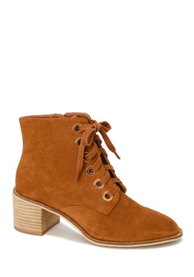 FAUX SUEDE LACE UP STUDDED BLOCK HEEL BOOTS
