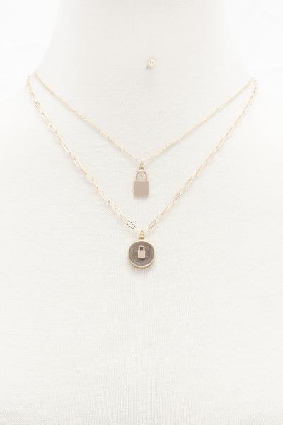 2 LAYERED METAL CHAIN LOCK PENDANT NECKLACE