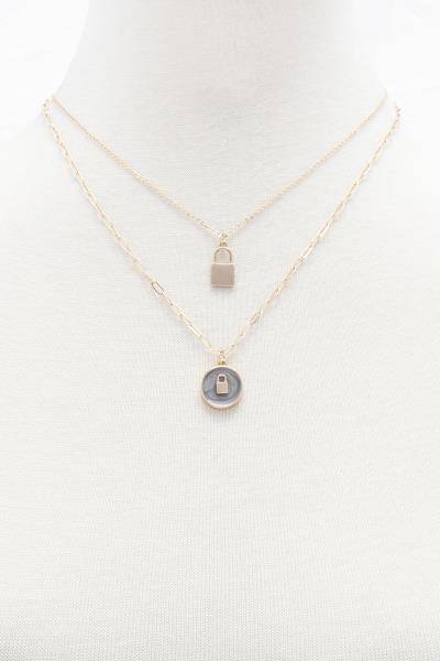 2 LAYERED METAL CHAIN LOCK PENDANT NECKLACE