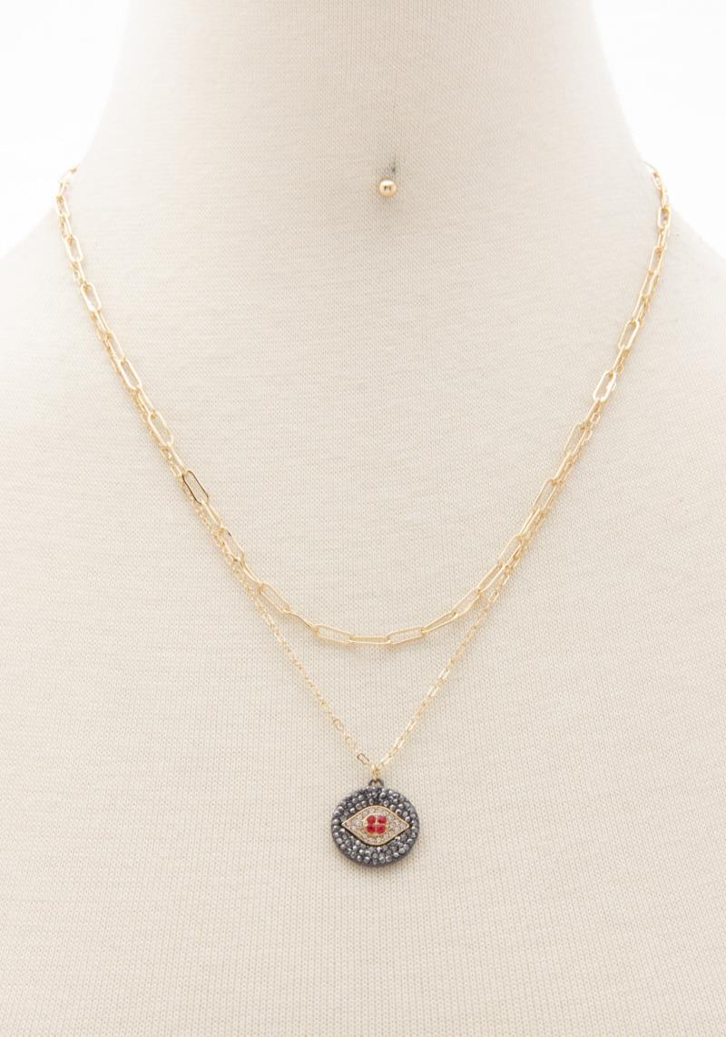 2 LAYERED METAL CHAIN EVIL EYE PENDANT NECKLACE