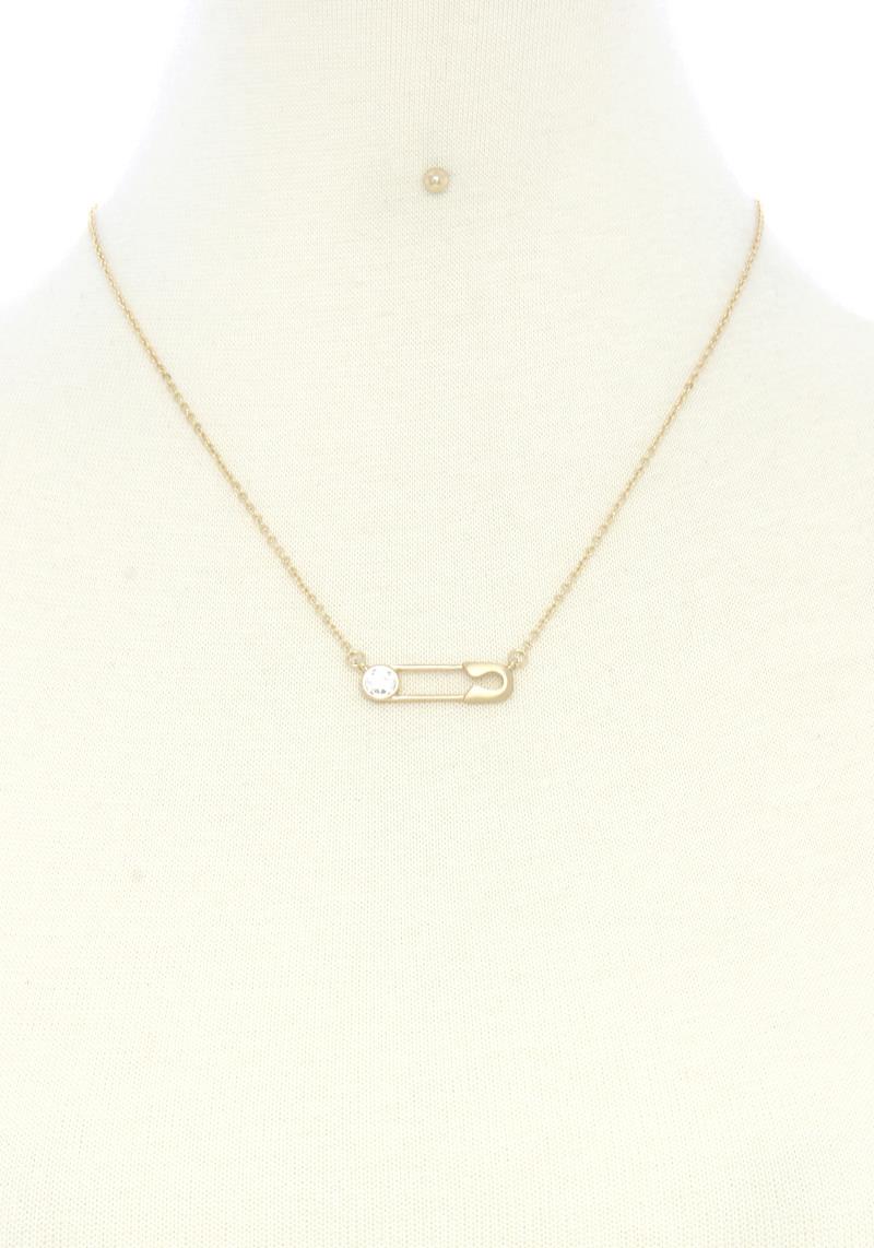 SAFETY PIN RHINSTONE CHARM NECKLACE