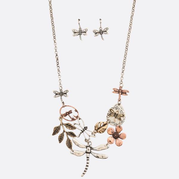 DRAGONFLY FLOWER LINK METAL NECKLACE