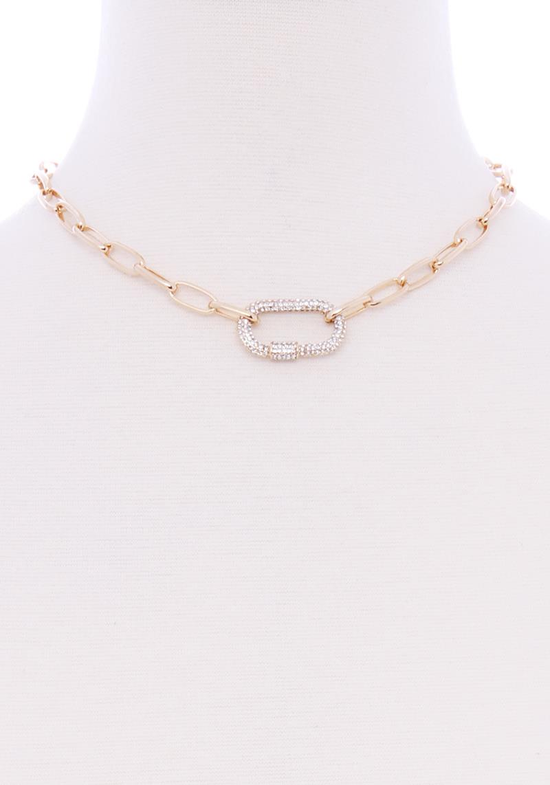 METAL OVAL CHAIN  STUDDED STONE PENDANT NECKLACE