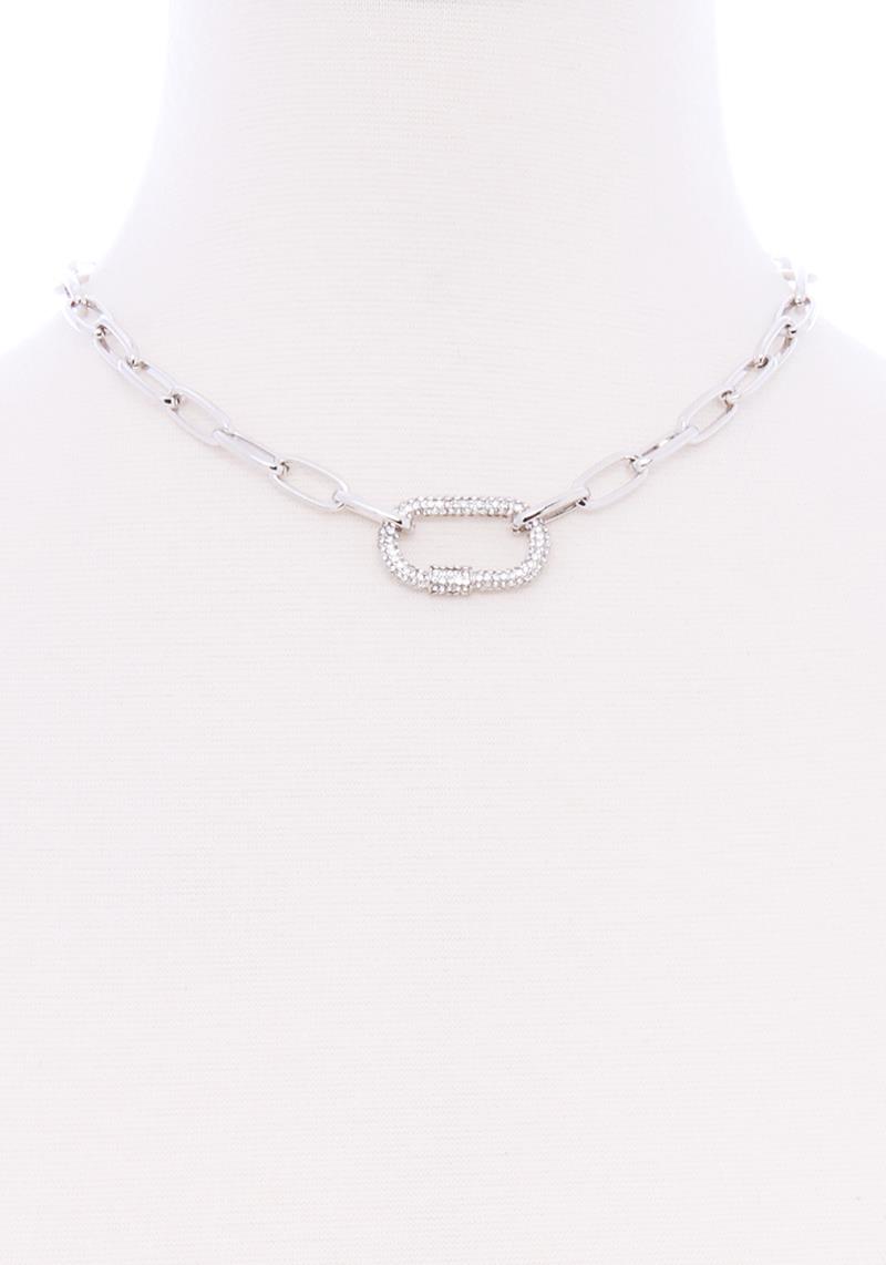 METAL OVAL CHAIN  STUDDED STONE PENDANT NECKLACE