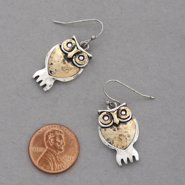 TWO TONE OWL DANGLE EARRING